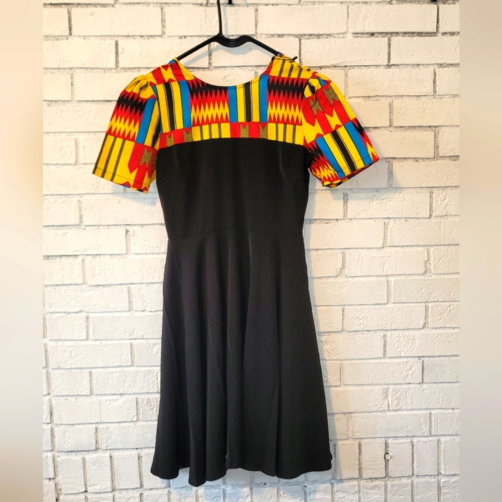 NWT Hongyu Amy Colorful African Kente Print Black Mini Dress, Women's Size S